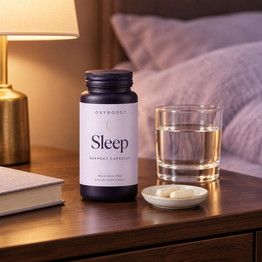 OxyBoost Sleep capsules bedside in premium lavender packaging