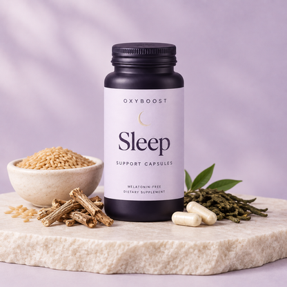 OxyBoost Sleep capsules ingredients in premium lavender packaging