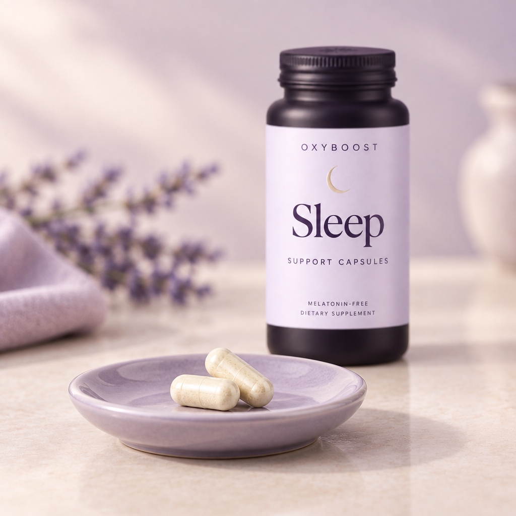 OxyBoost Sleep capsules macro in premium lavender packaging