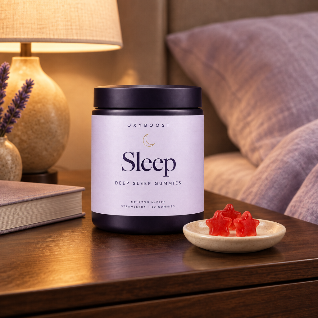 OxyBoost Sleep gummies bedside in premium lavender packaging