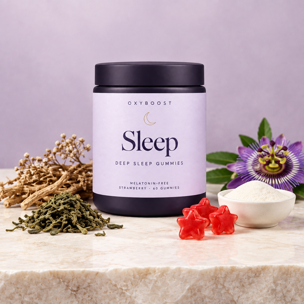 OxyBoost Sleep gummies ingredients in premium lavender packaging