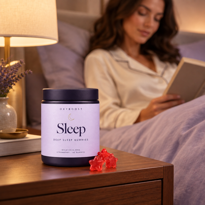 OxyBoost Sleep gummies lifestyle in premium lavender packaging